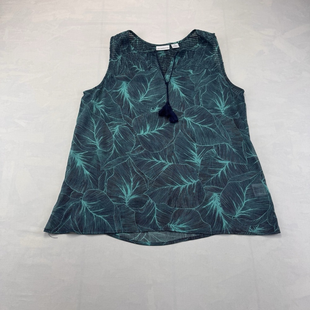 Liz Claiborne Womens M Teal Tropical Leaf Print Tassel Sleeveless Blouse